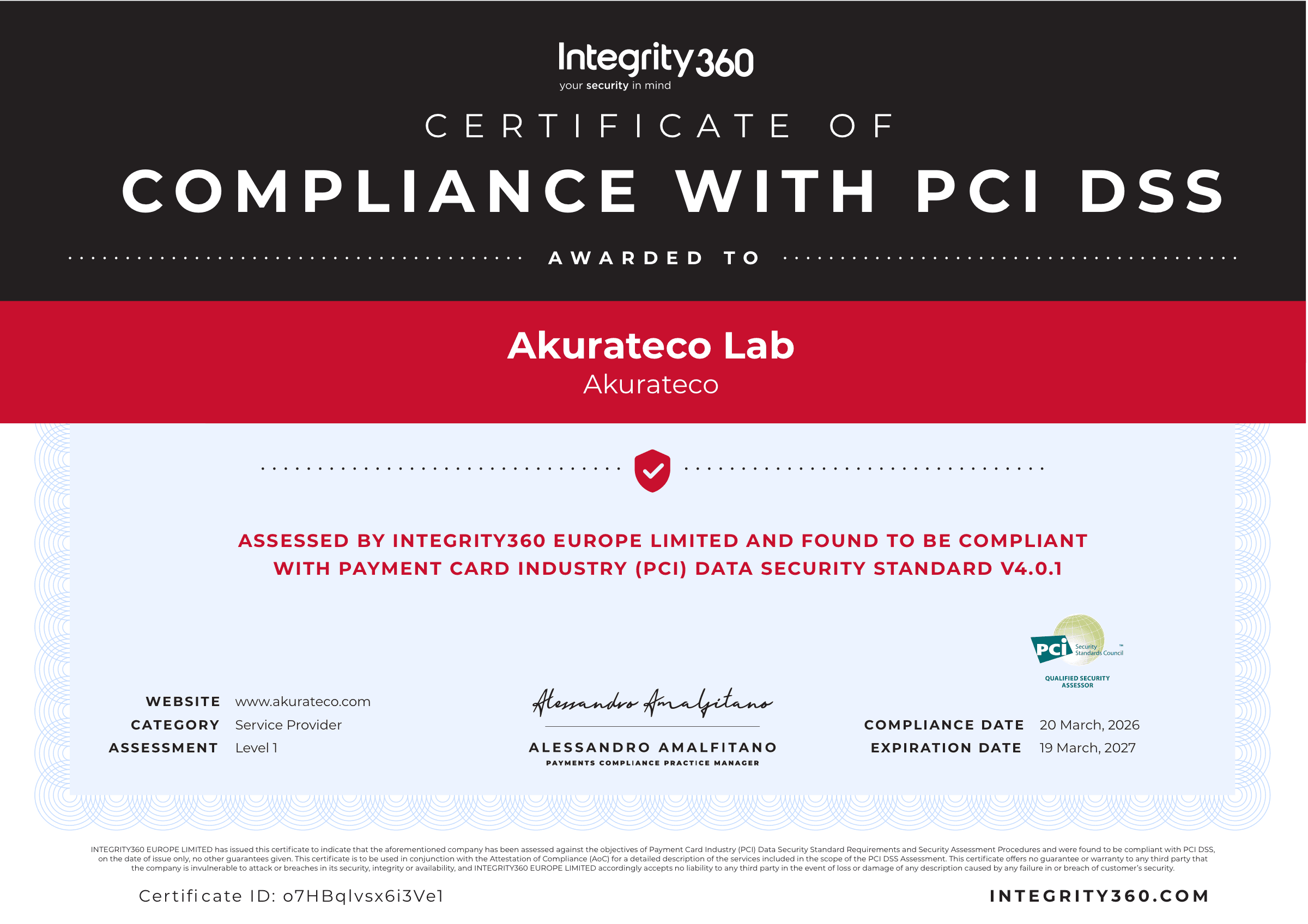 Akurateco PCI DSS Compliance Certificate